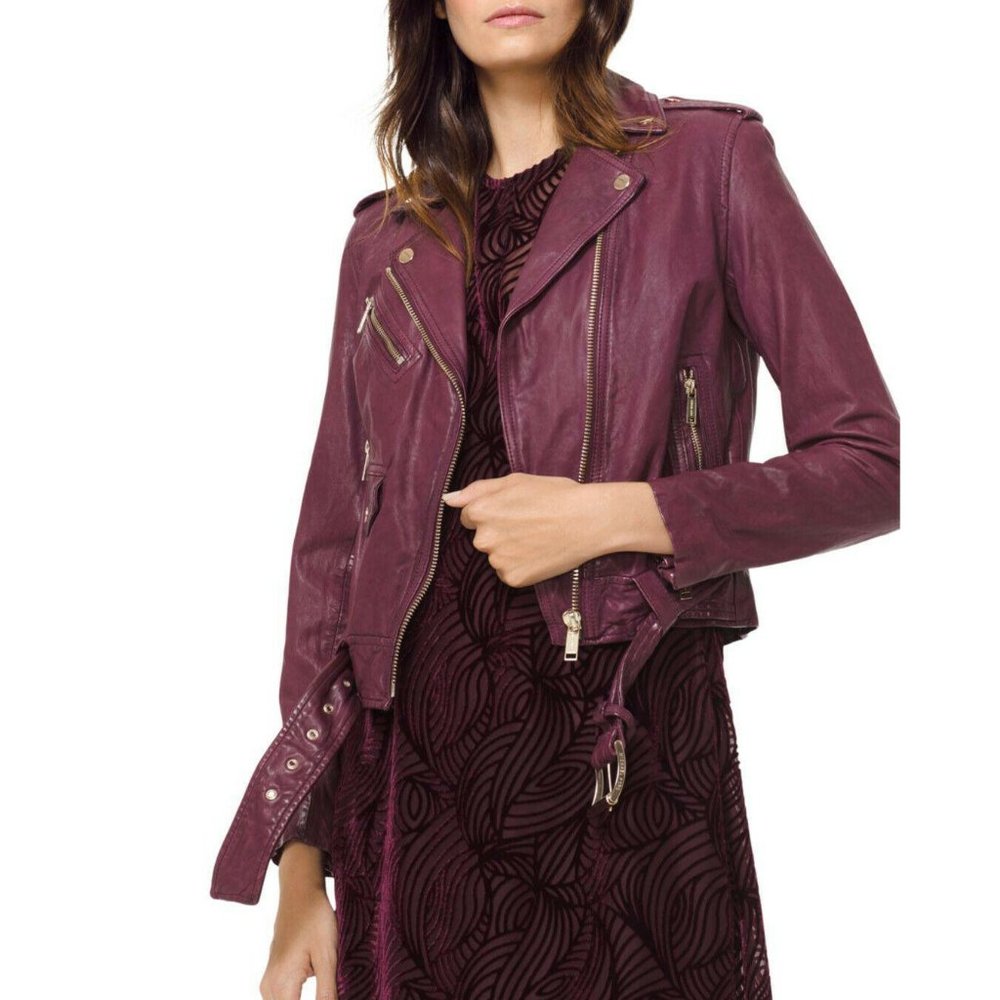 NEW MICHAEL MICHAEL KORS Women's Sz S Burgundy Biker Vegan Leather Moto Jacket - Picture 1 of 11